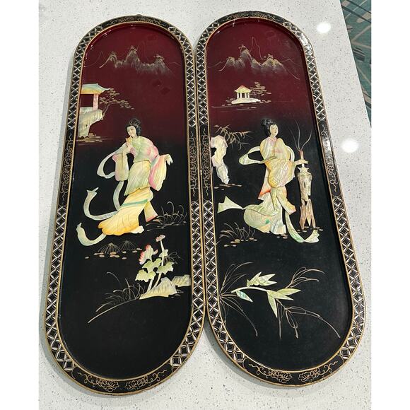 VTG Pair of Asian Oriental Black Lacquer & Mother of Pearl Shell Stone Wall Art